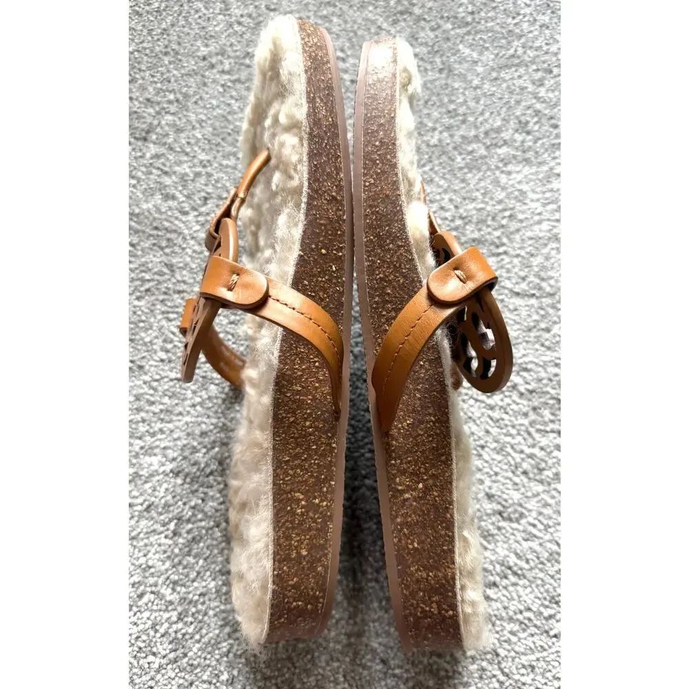 Tory Burch Miller Cloud Sandal Shearling Thong Caramel Logo Slip On Womens 10.5